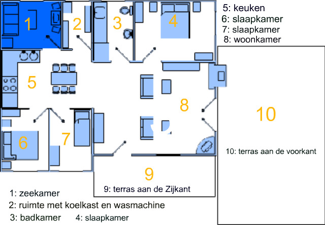 Plattegrond van Kretahuis met woonkamer, keuken, badkamer en drie slaapkamers